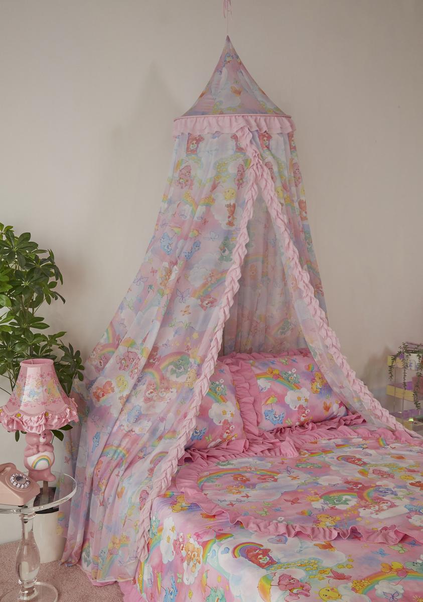 Dolls Kill x Care Bears Sheer Ruffle Printed Bed Canopy - Pink