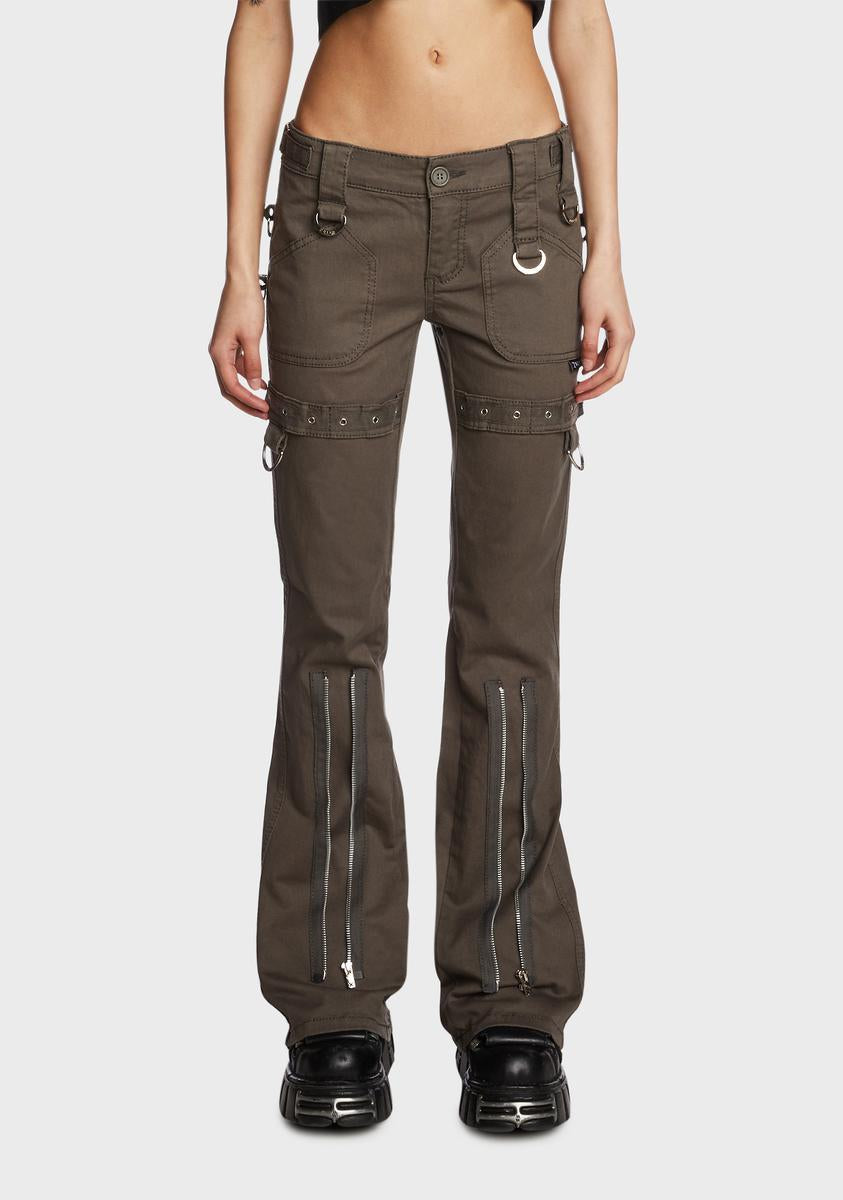 Tripp NYC Low Waist Eyelet Flared Pants - Olive Green