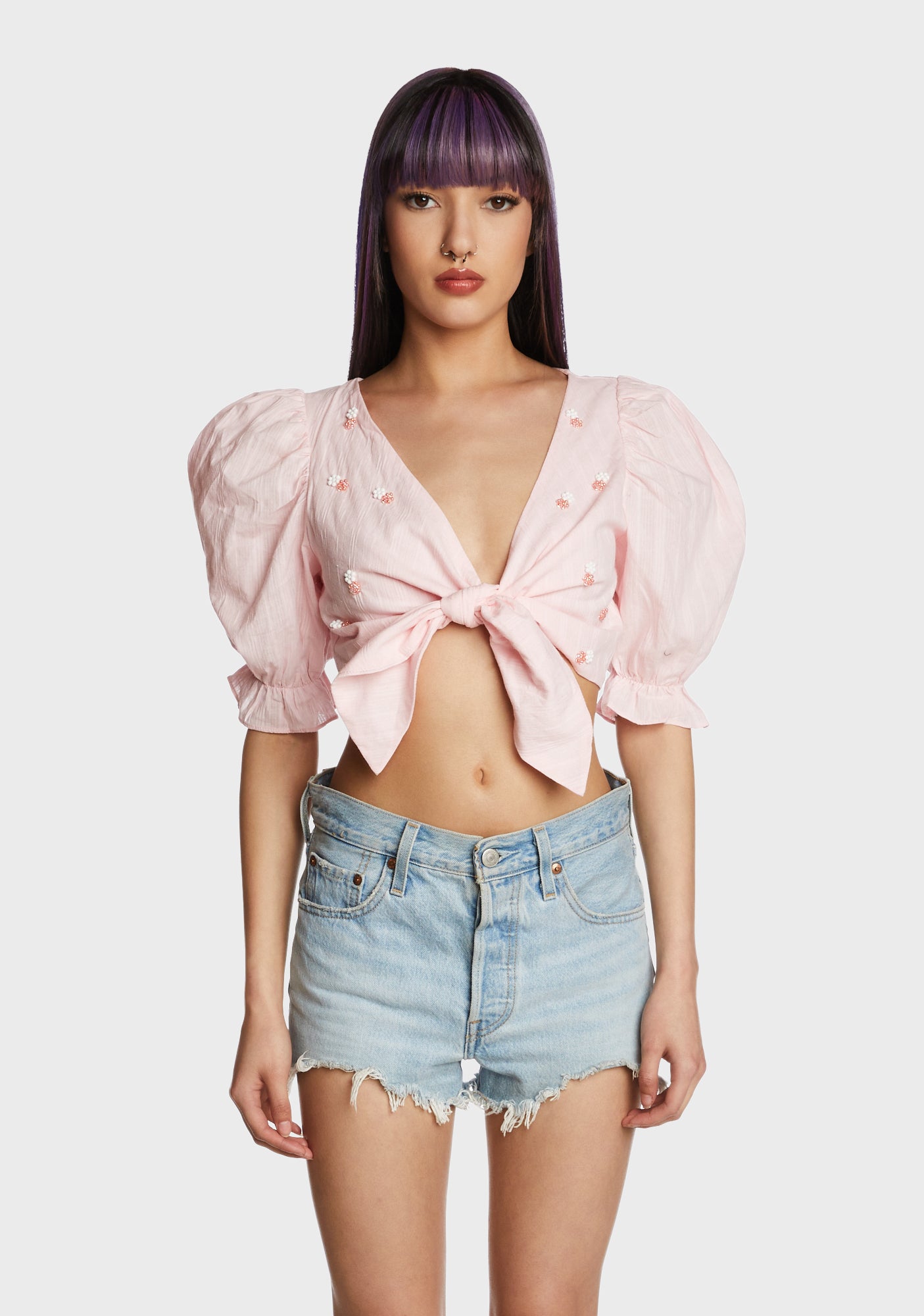 Beaded Puff Sleeve Crop Top - Light Pink