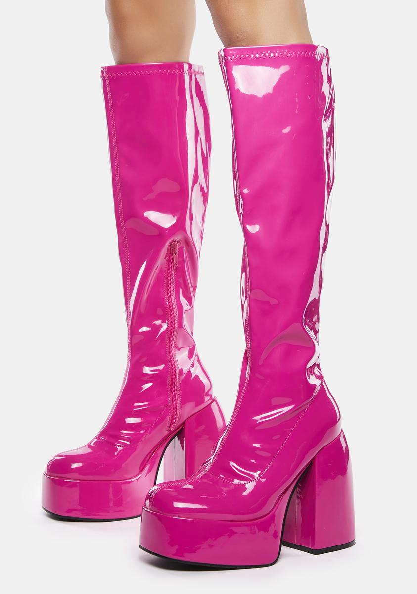 Patent Vegan Leather Knee High Platform Boots - Pink