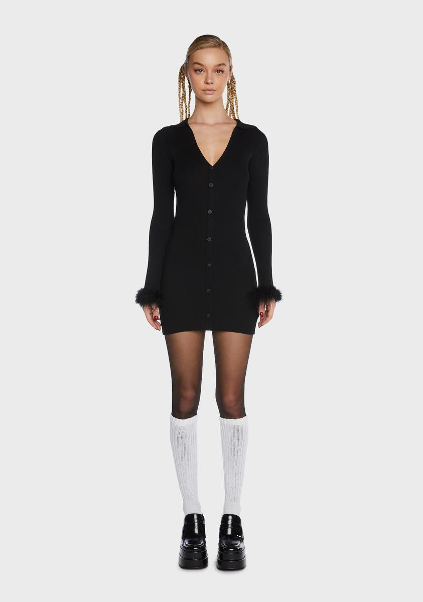 Long Sleeve Sweater Dress With Faux Fur Trim - Black
