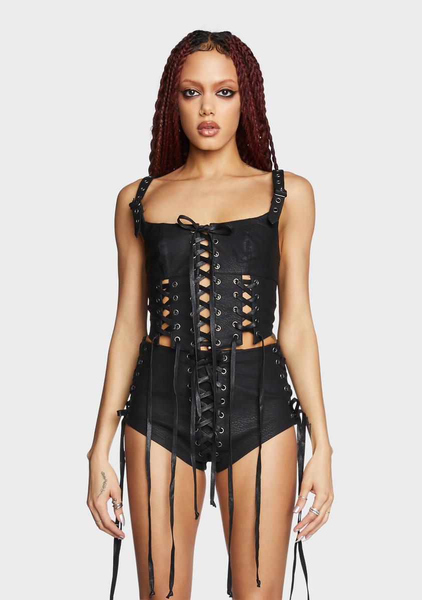 Widow Vegan Leather Lace Up Corset - Black