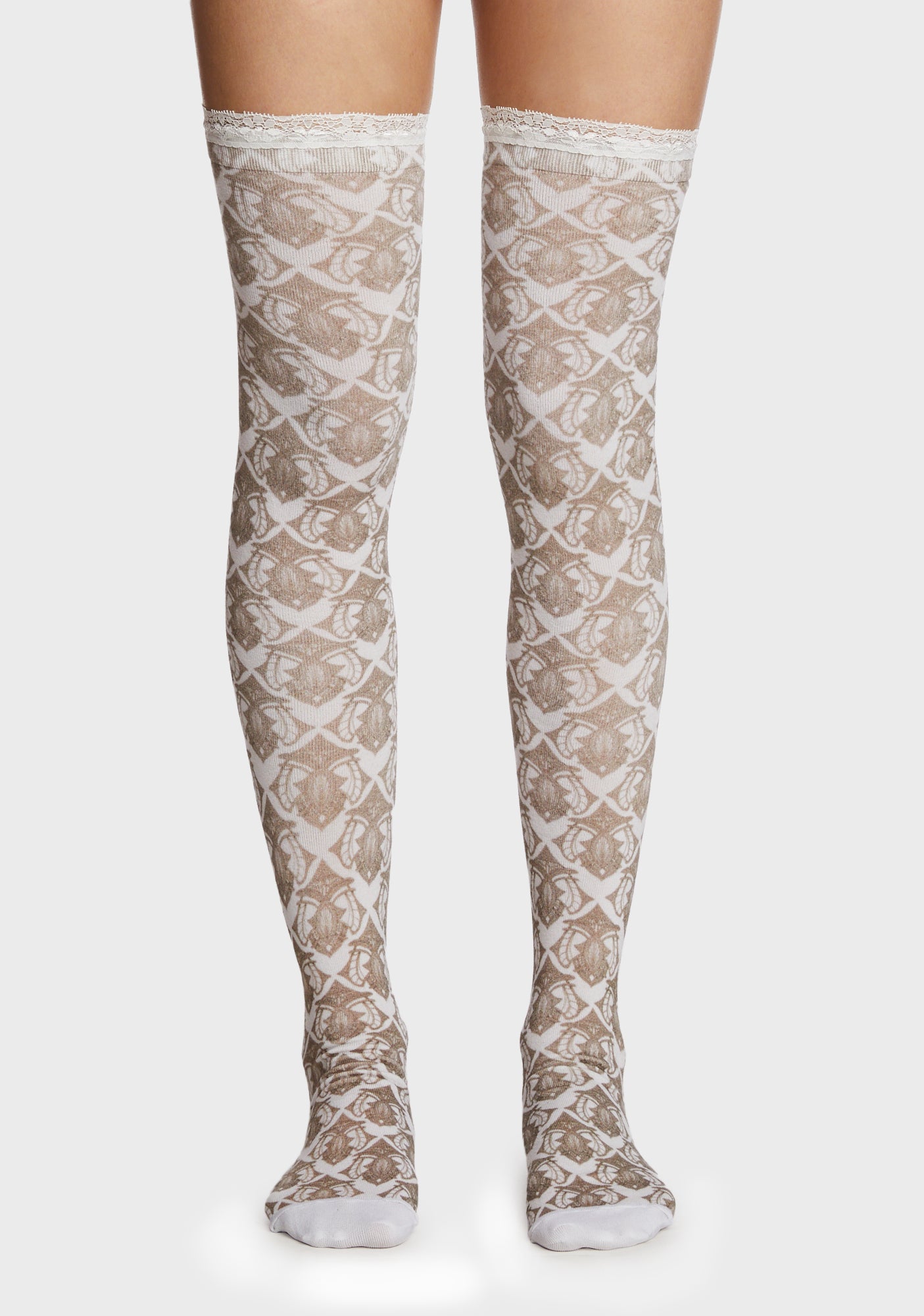 Abstract Print Thigh High Socks - Gray/White