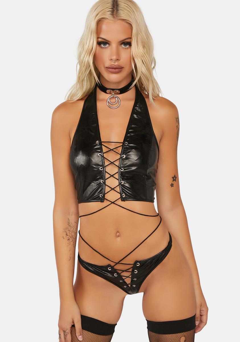 Vegan Leather Lace Up Lingerie Set - Black