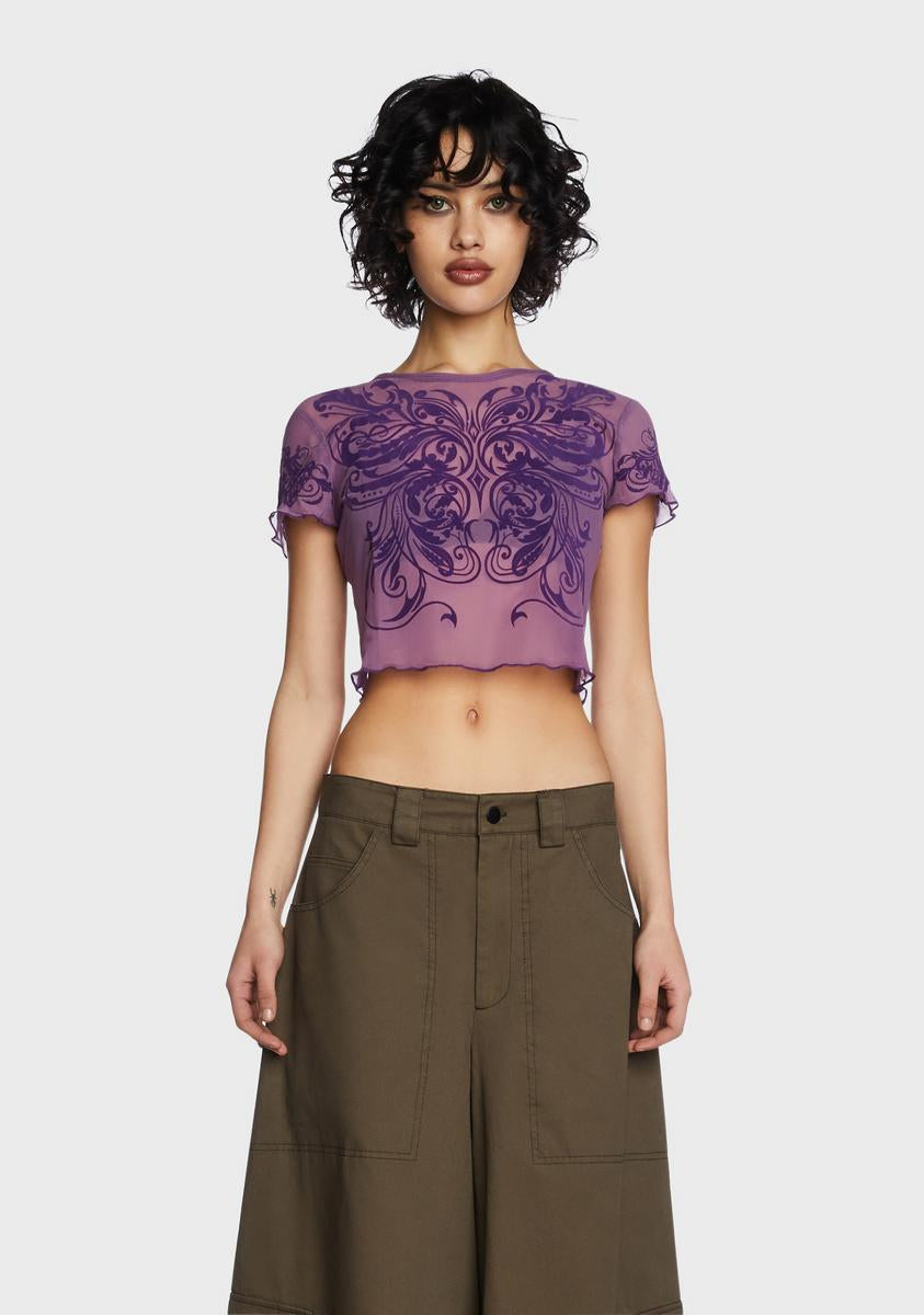 Current Mood Sheer Mesh Velvet Flock Tee - Lavender