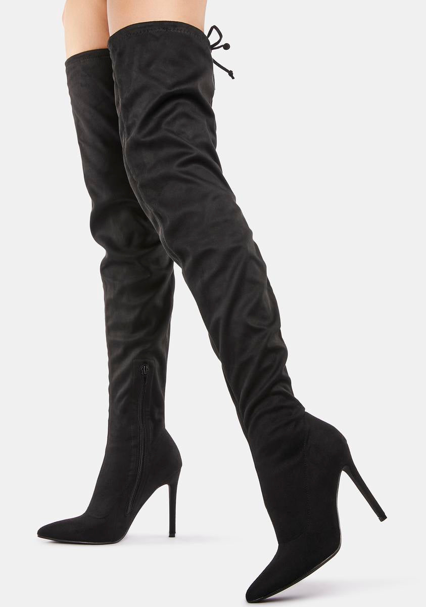 Vegan Suede Stiletto Thigh High Boots - Black