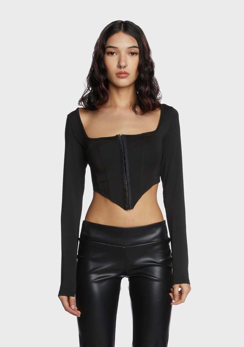 Long Sleeve Corset Crop Top - Black