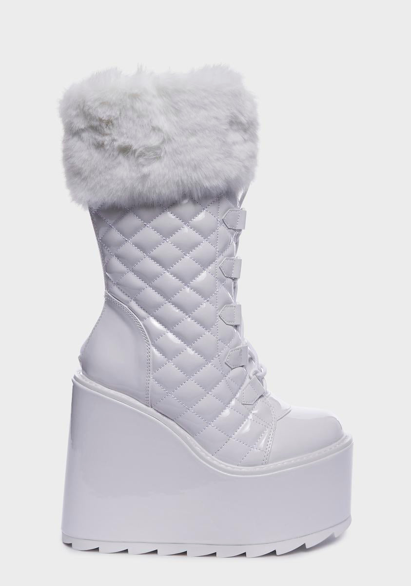 YRU Faux Fur Trim Quilted Platform Boots - White Patent