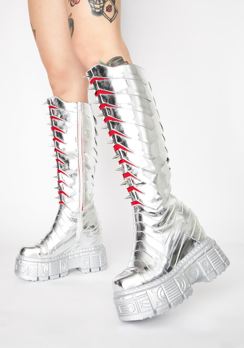 Específico Gestionar Torneado Metallic Knee High Platform Boots - Silver – Dolls Kill