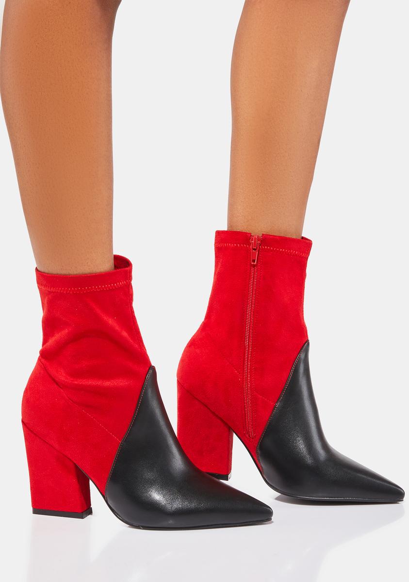 Lemon Drop By Privileged Vegan Leather Suede Heeled Ankle Boots Red Black