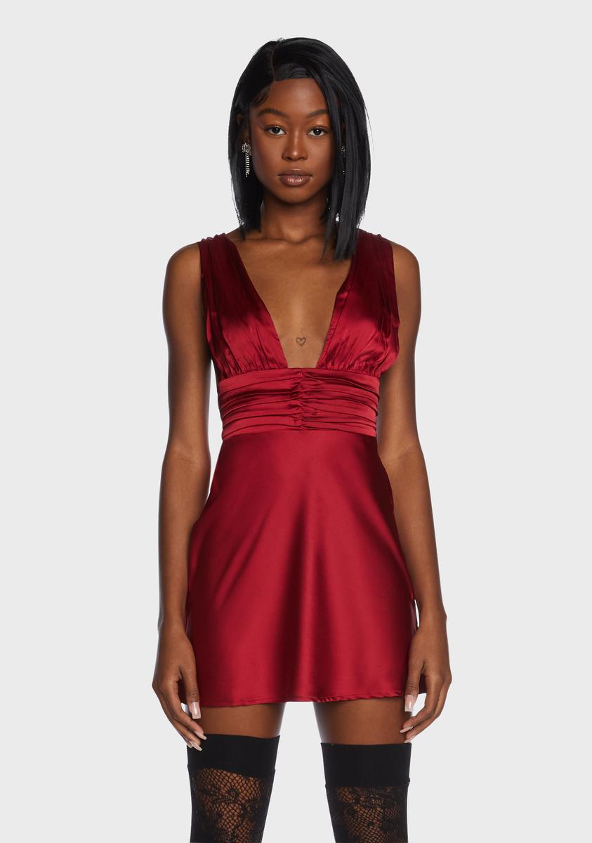 Ruched Detail Satin Plunge Neck Mini Dress - Red