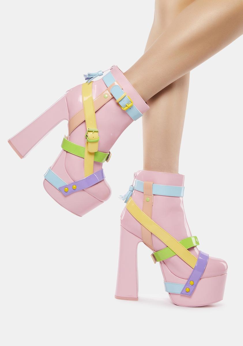 YRU Bondage Buckle Heeled Platform Ankle Boots - Pastel