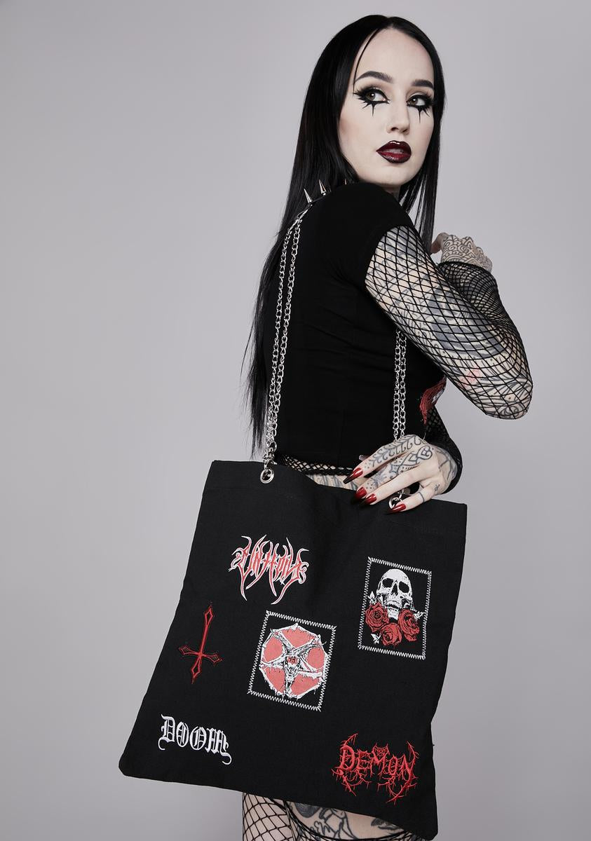 Widow Spiked Chain Patch Tote Bag - Black