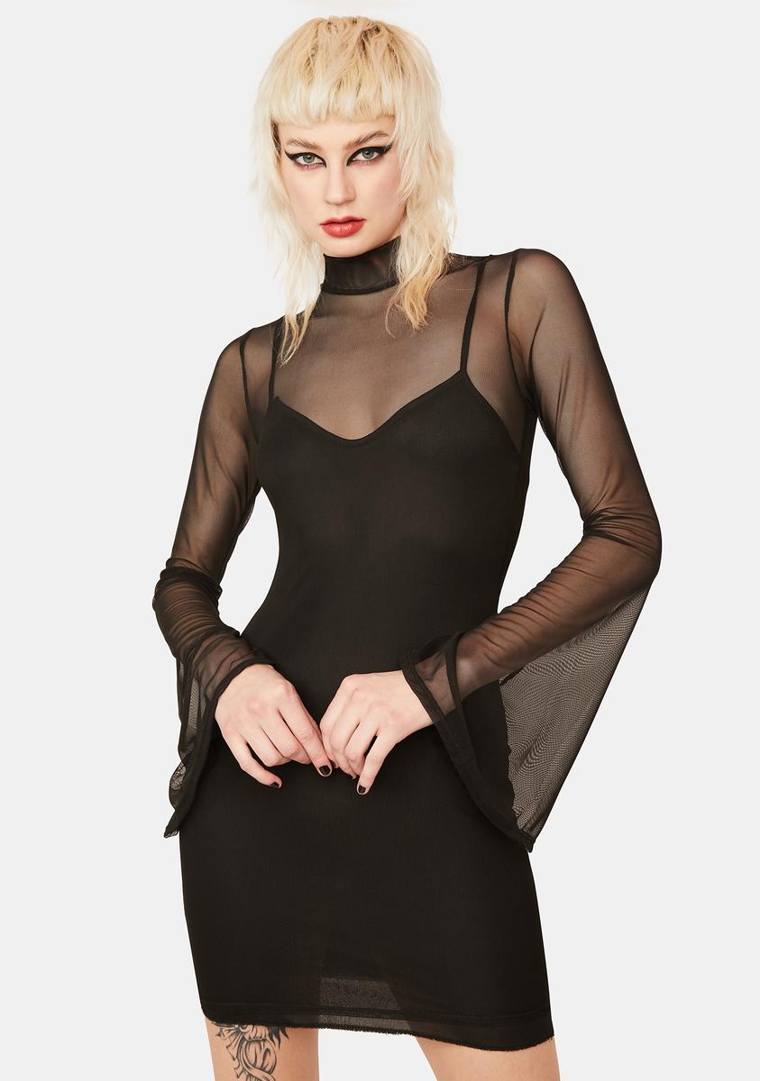Mock Neck Mesh Bell Sleeve Mini Dress - Black
