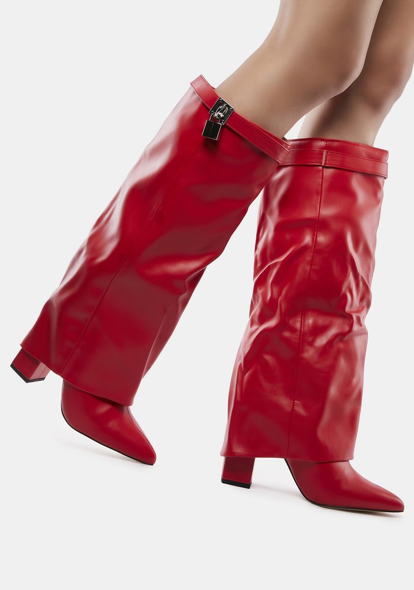 Public Desire Foldover Knee High Heeled Boots - Red