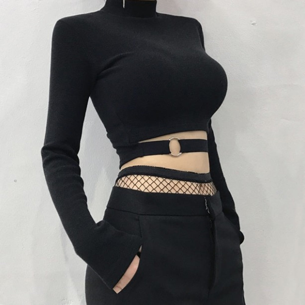 Women Slim Short T-shirt Sexy Tight Turtleneck Long Sleeve Goth Crop Top Solid Black Club Autumn Spring Streetwear Harajuku