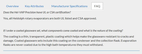 An FAQ section regarding safety coated glassware for a rotary evaporator.