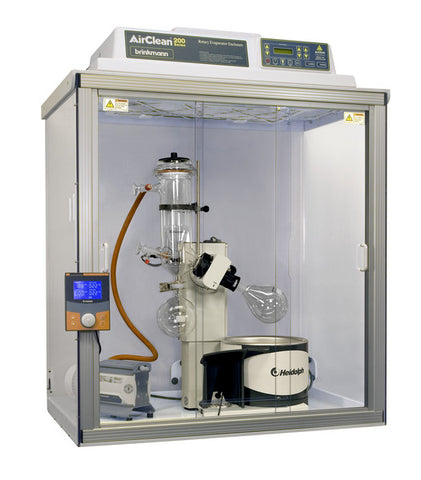 A complete Heidolph rotary evaporation system with vacuum pump and cold trap condenser in a standalone AirClean® enclosure.