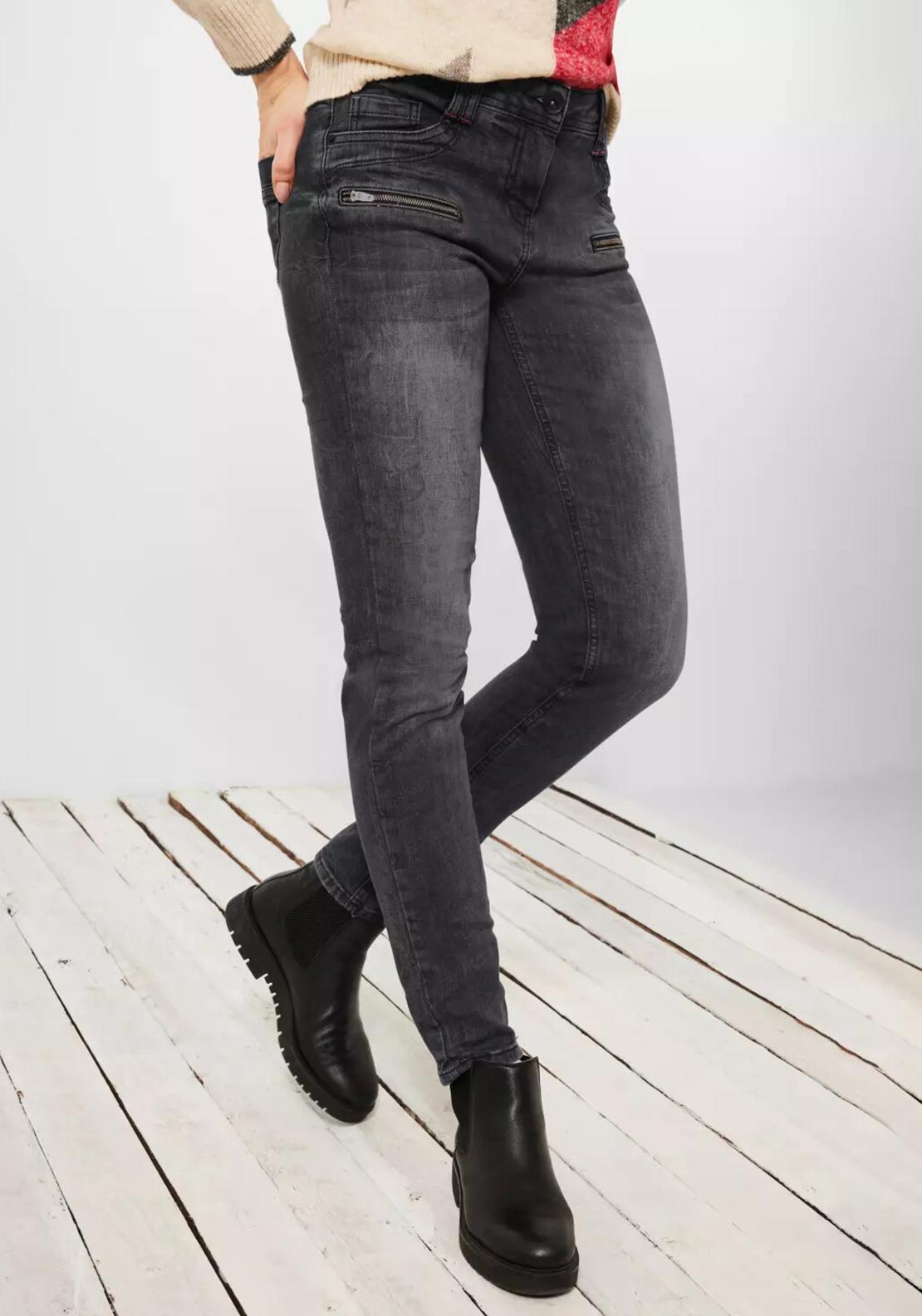 Cecil Mid Waist Jeans, Washed Out Black - McElhinneys