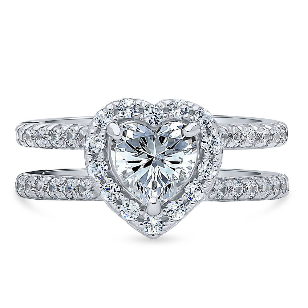 BERRICLE Sterling Silver Heart Shaped CZ Halo Engagement Wedding Ring Set 