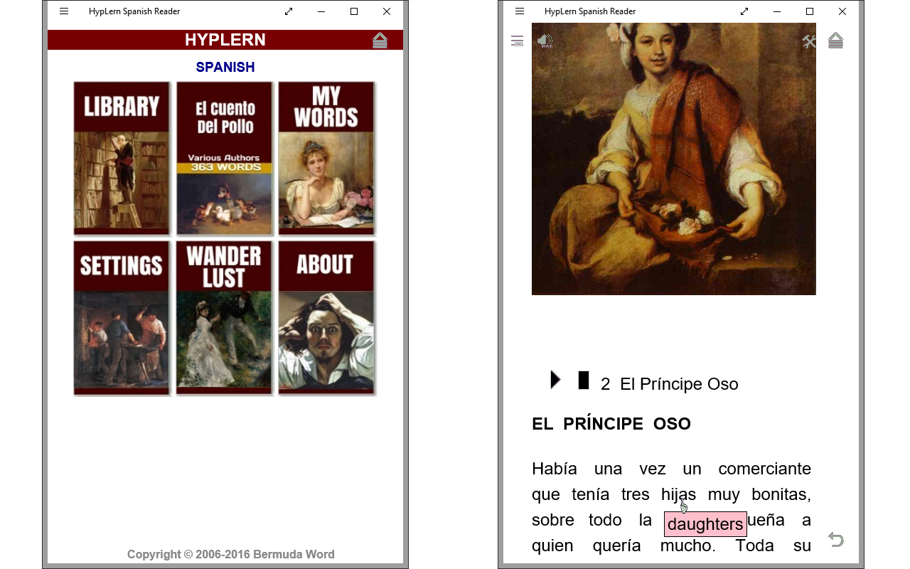 Learn Spanish with interlinear, interlinear on-demand, or pop-up format