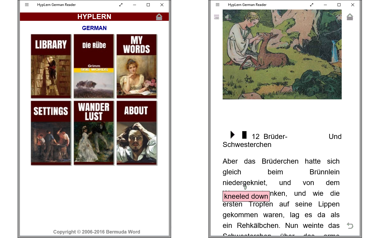Learn German with interlinear or pop-up format