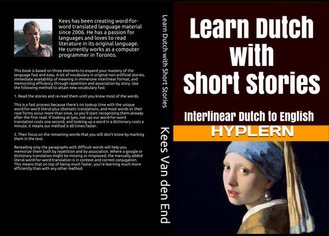 HypLern - Learn Dutch with Short Stories - Front cover and back cover of the paperback version - Download the free mp3s from the learn-to-read-foreign-languages.com site!