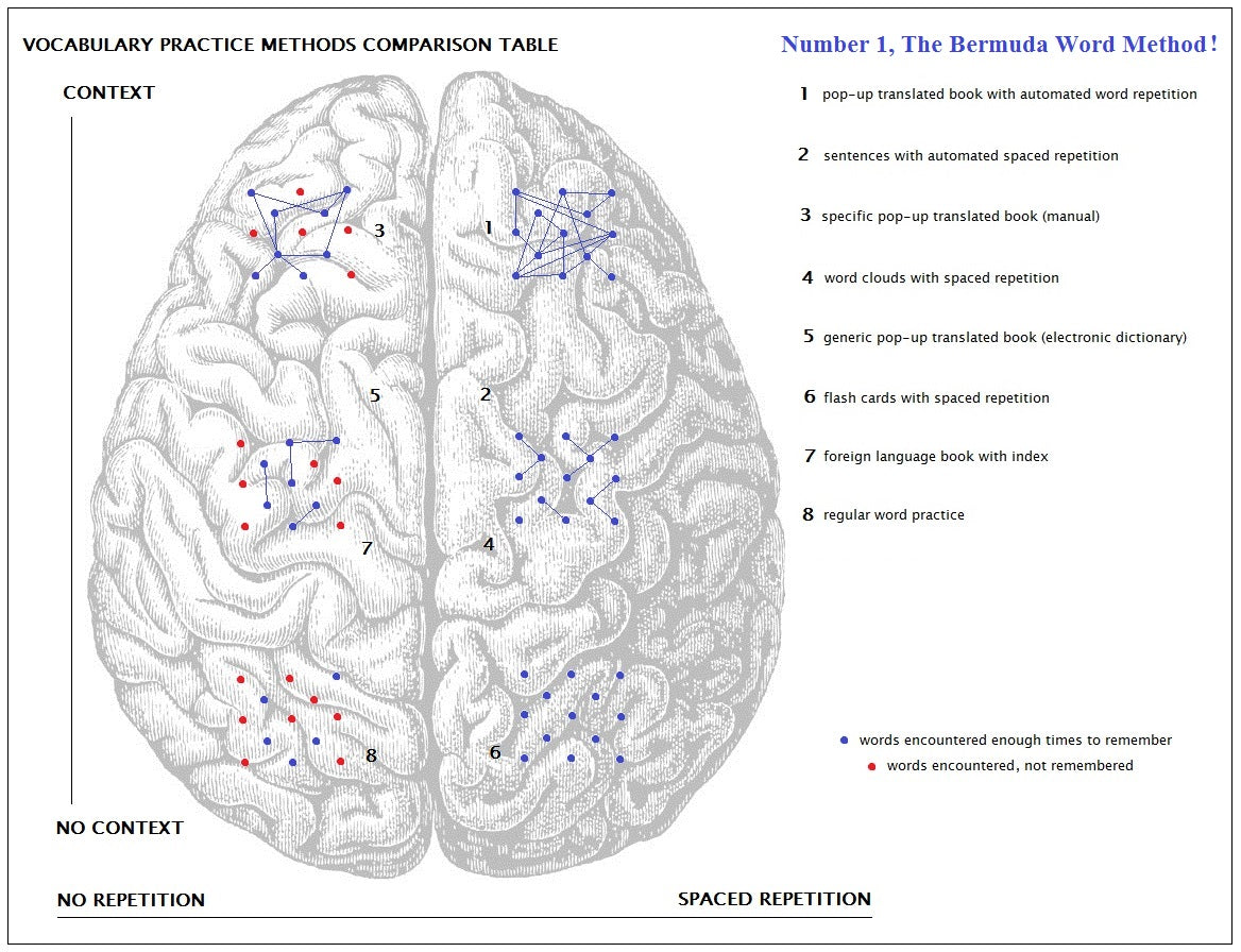 Bermuda Word has a method that combines extensive reading and spaced repetition for fast and easy learning.