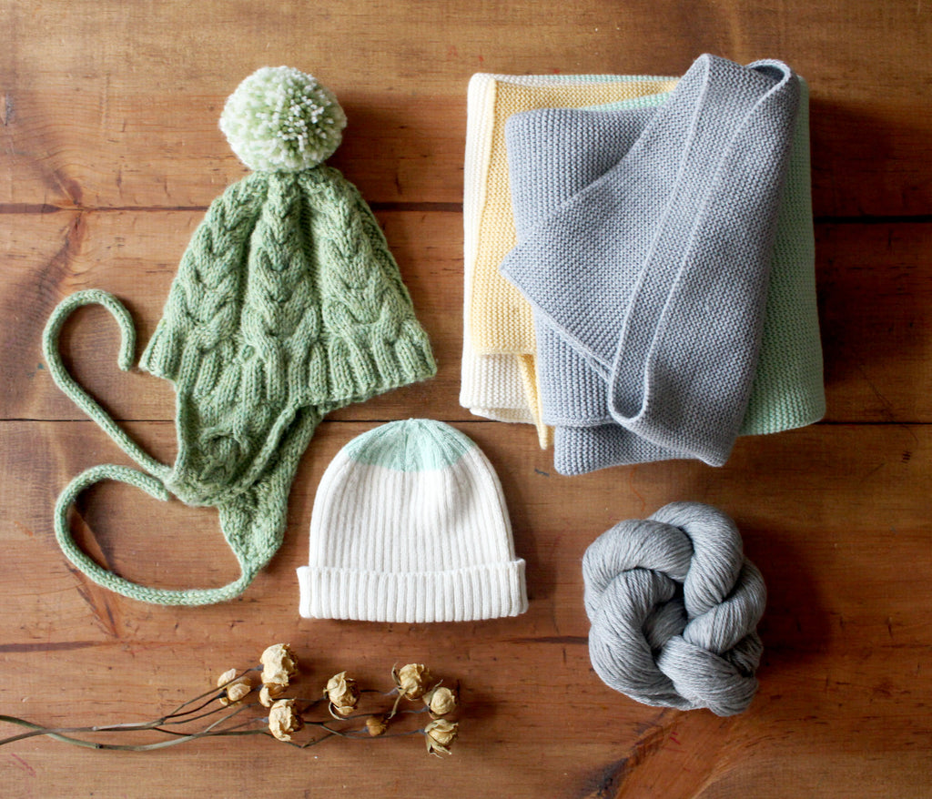 knit hat and koko's nest modern heirloom blanket grays