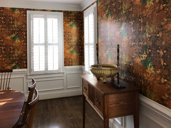 brown gold and green wallpaper for hallway and diningroom