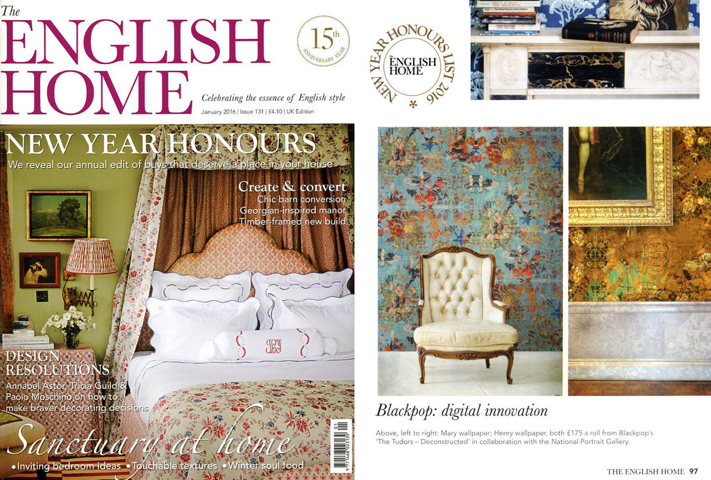 Blackpop Designer wallpaper and fabric in the English Home Magazine, luxury blue wallpaper, inspired by history, National Portrait Gallery,