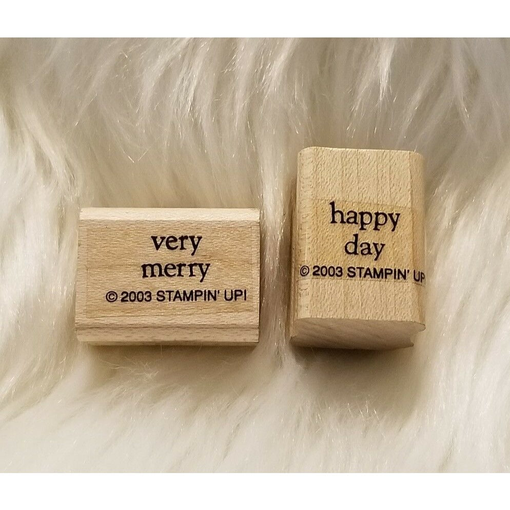 Stampin' Up! 2003 Very Merry & Happy Day Wood Mounted Rubber Stamps Lot of 2 NEW