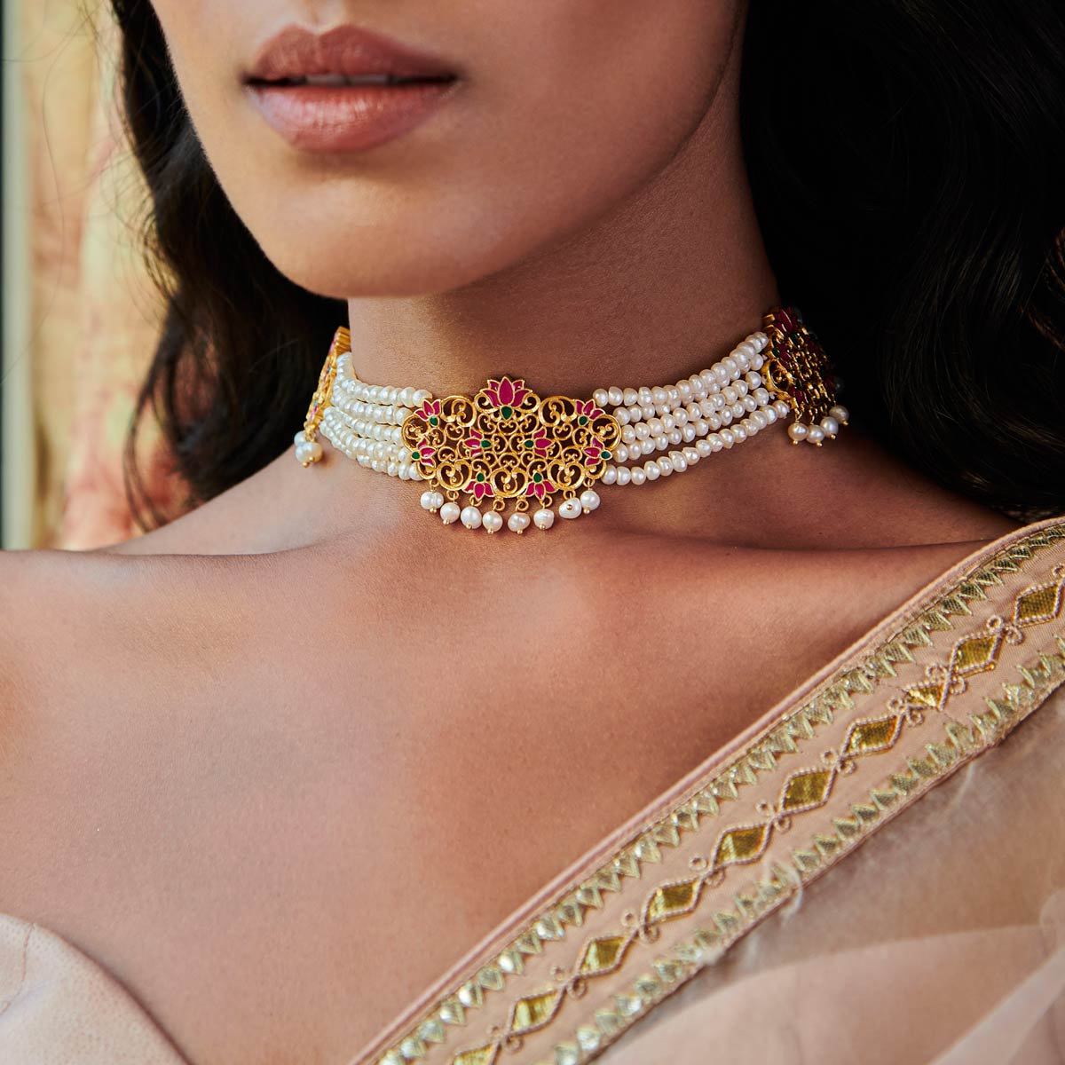 Buy Maharani Lotus Choker Necklace in Pink Enamel Online in India ...