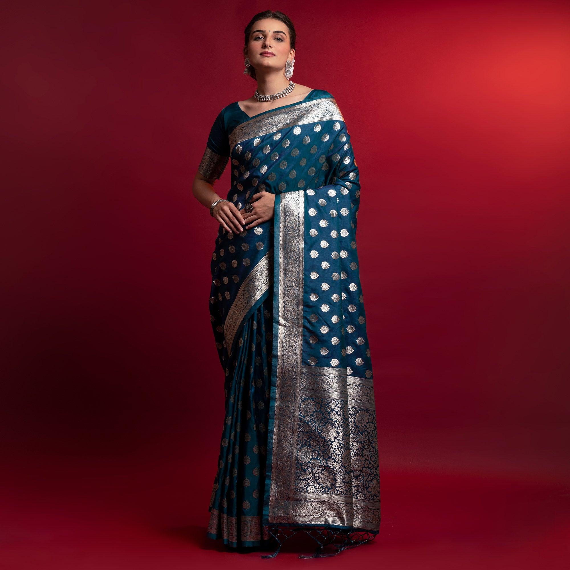 Blue Woven Art Silk Saree With Tassels - Peachmode