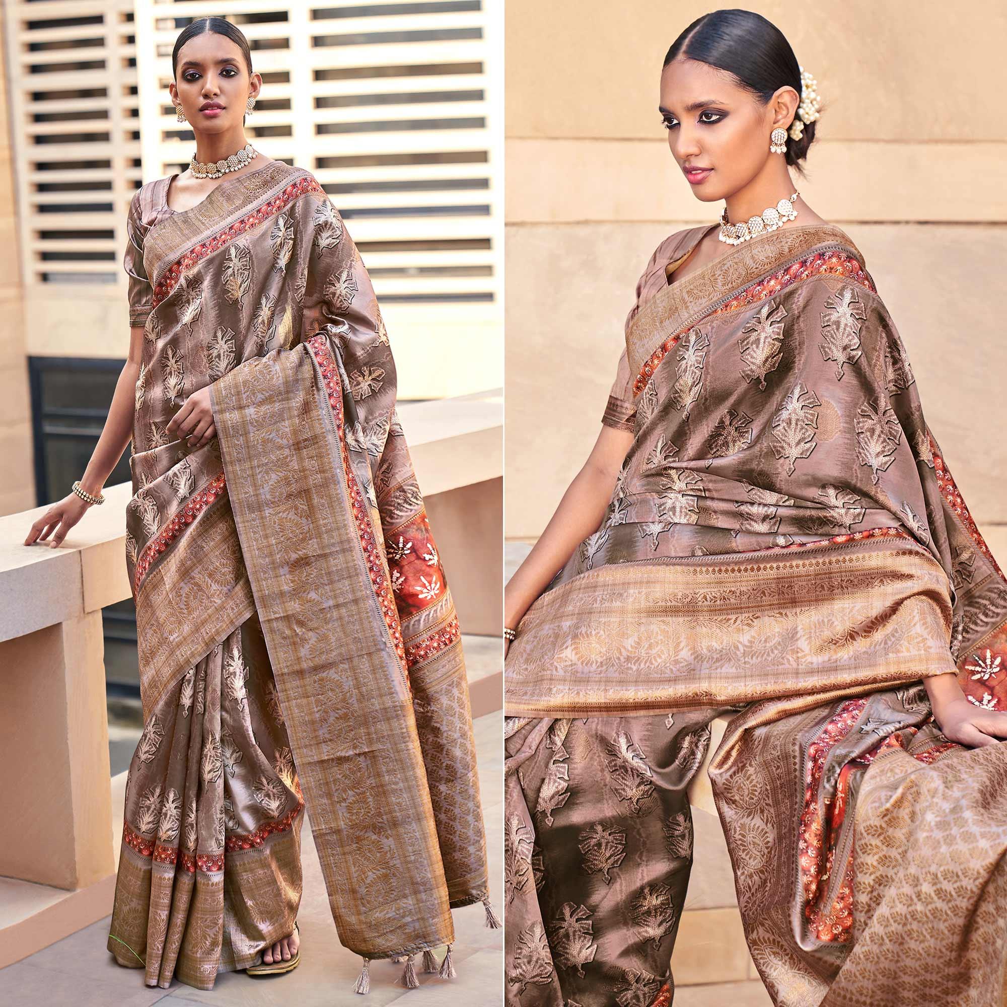 Brown Digital Printed Art Silk Saree With Tassels - Peachmode