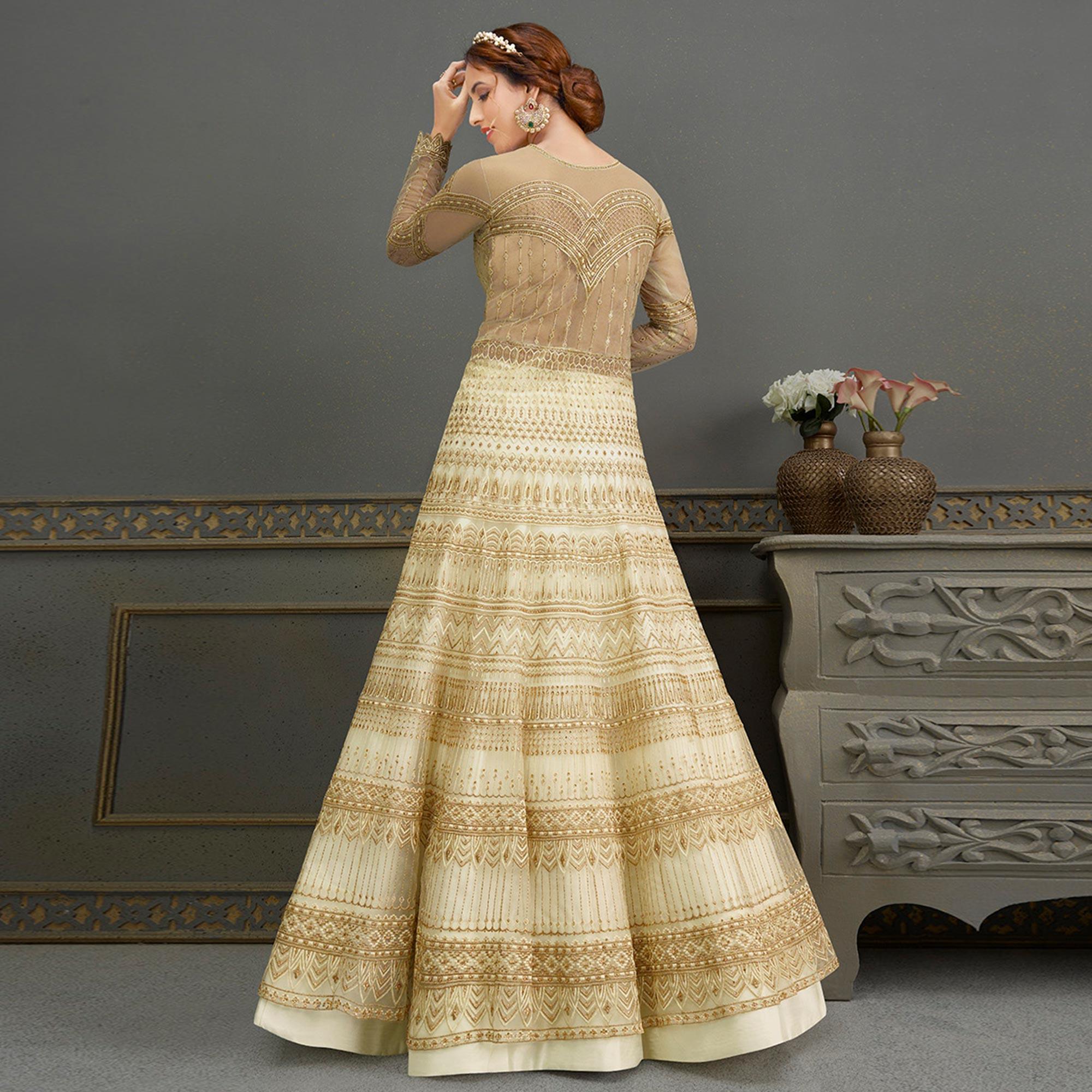 Cream Partywear Embroidered Handwork Soft Net Gown - Peachmode