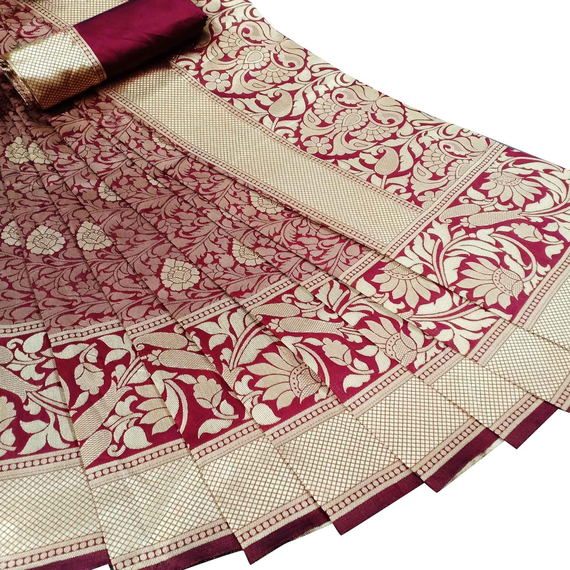 Glowing Maroon Colored Festive Wear Woven Litchi Jacquard Silk Saree - Peachmode