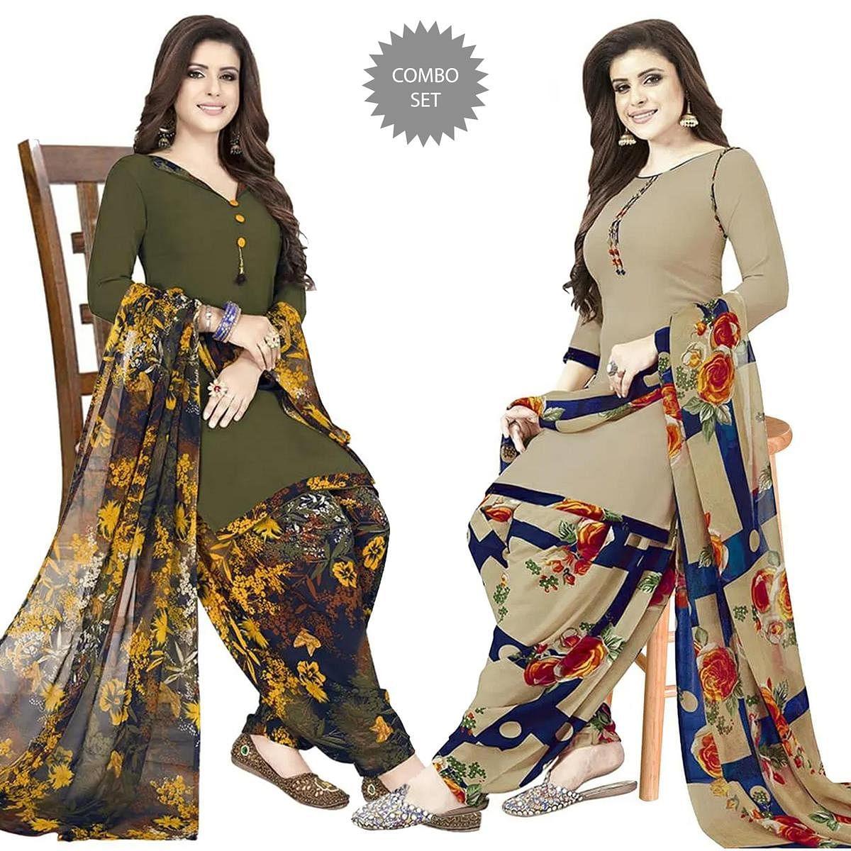 Green And Beige Printed Crepe Patiala Dress Material Pack of 2