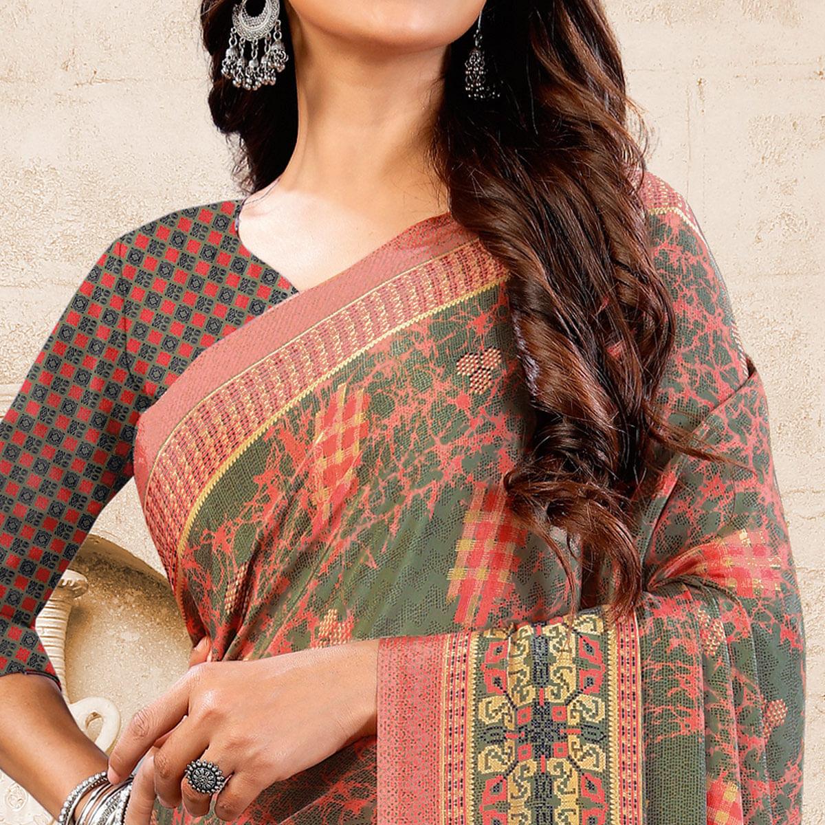 Green Casual Wear Printed Crepe Saree - Peachmode