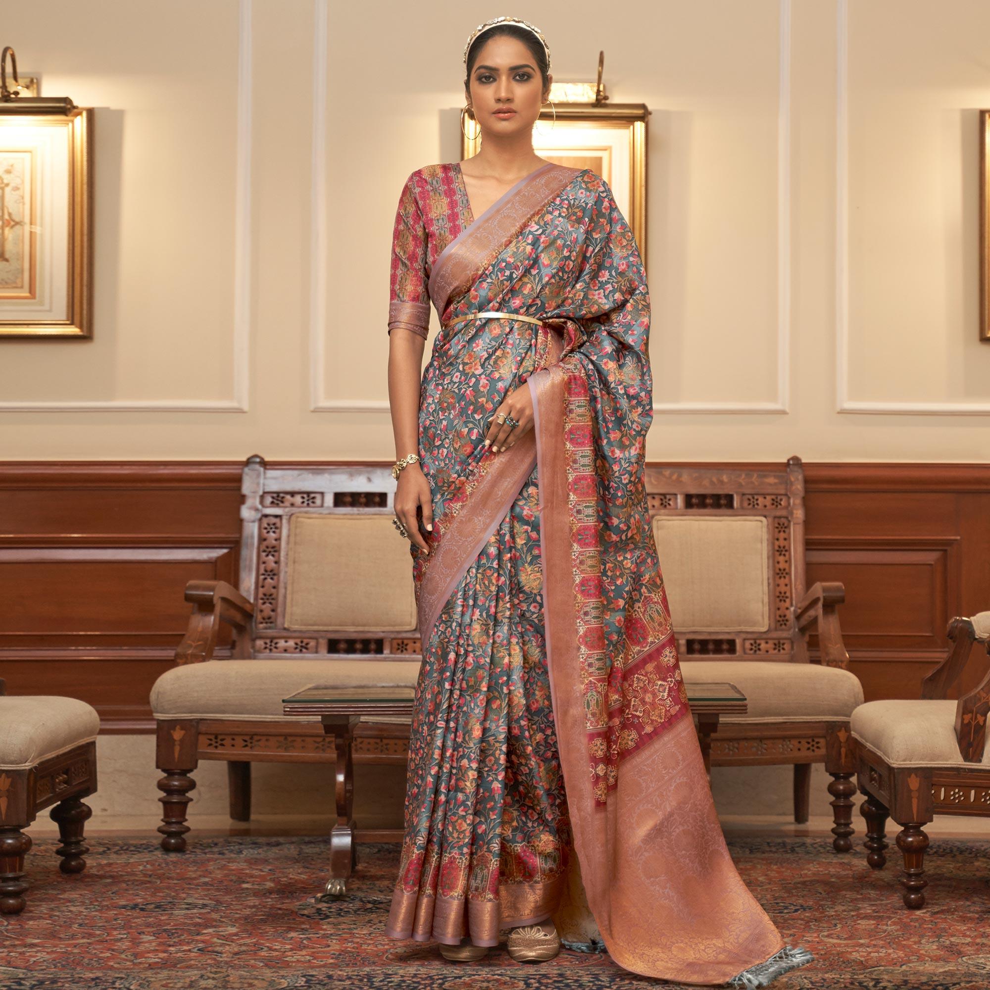 Grey Partywear Digital Printed Silk Saree - Peachmode
