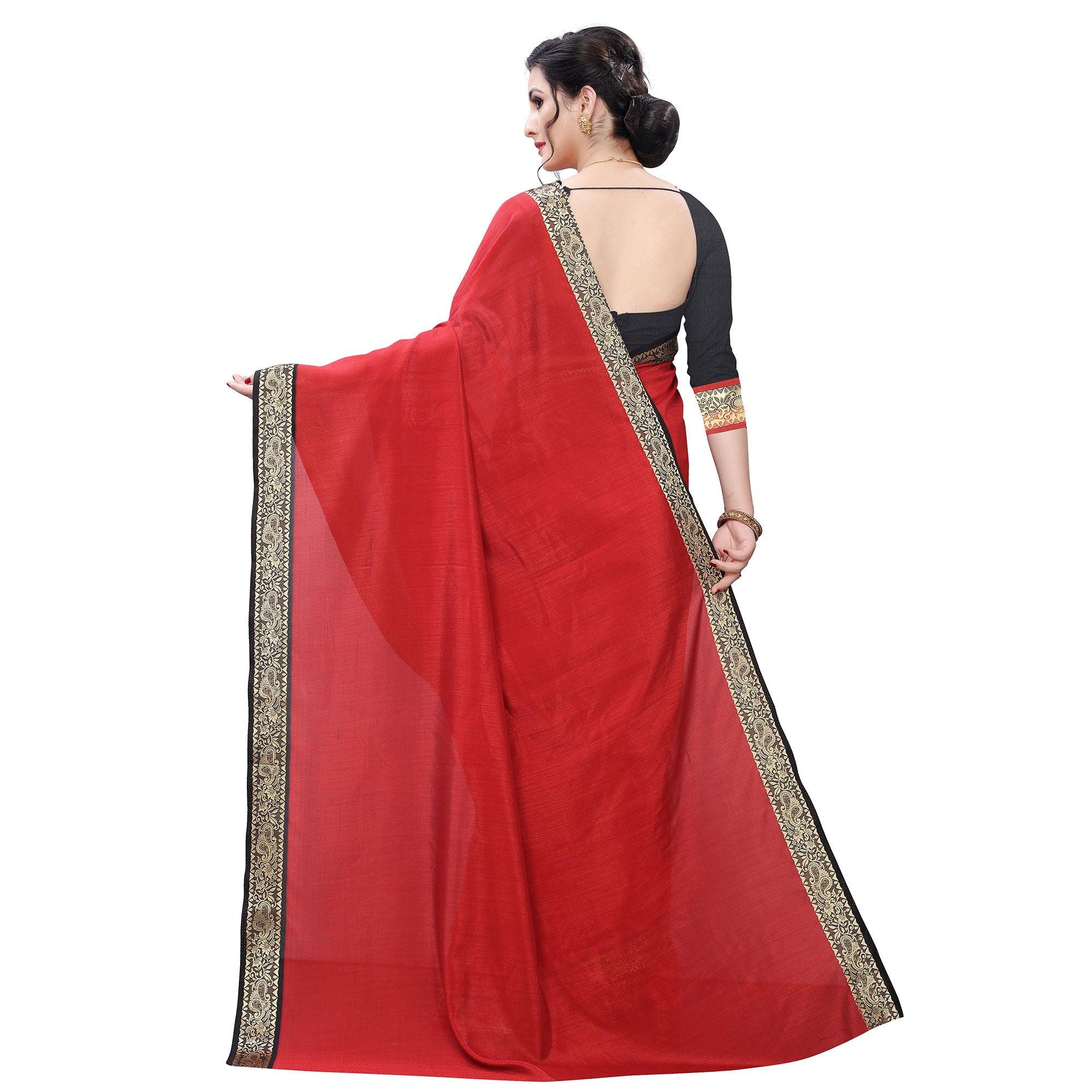 Groovy Red Colored Festive Wear Woven Vichitra Silk Saree - Peachmode