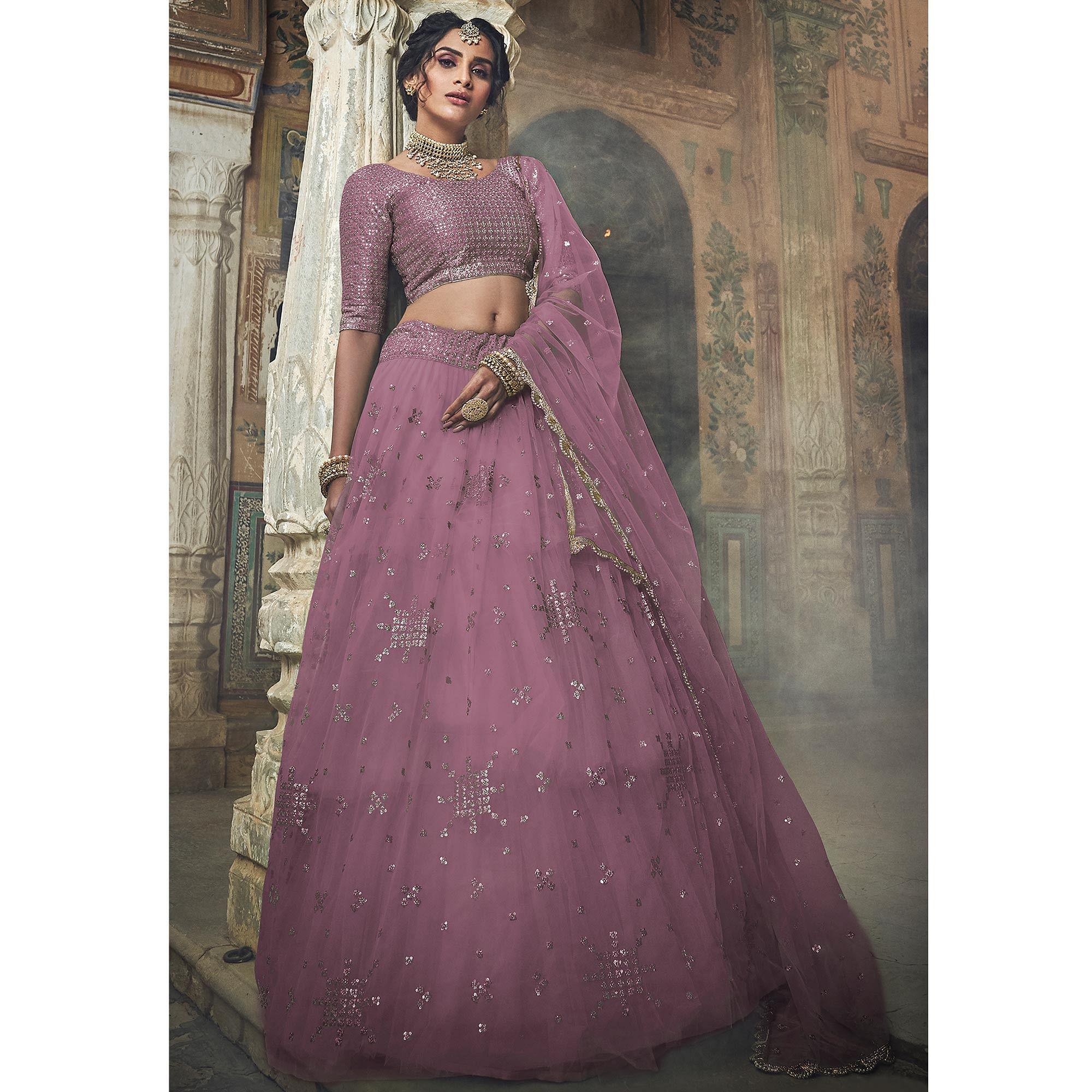 Mauve Sequence Embroidered Net Lehenga Choli - Peachmode