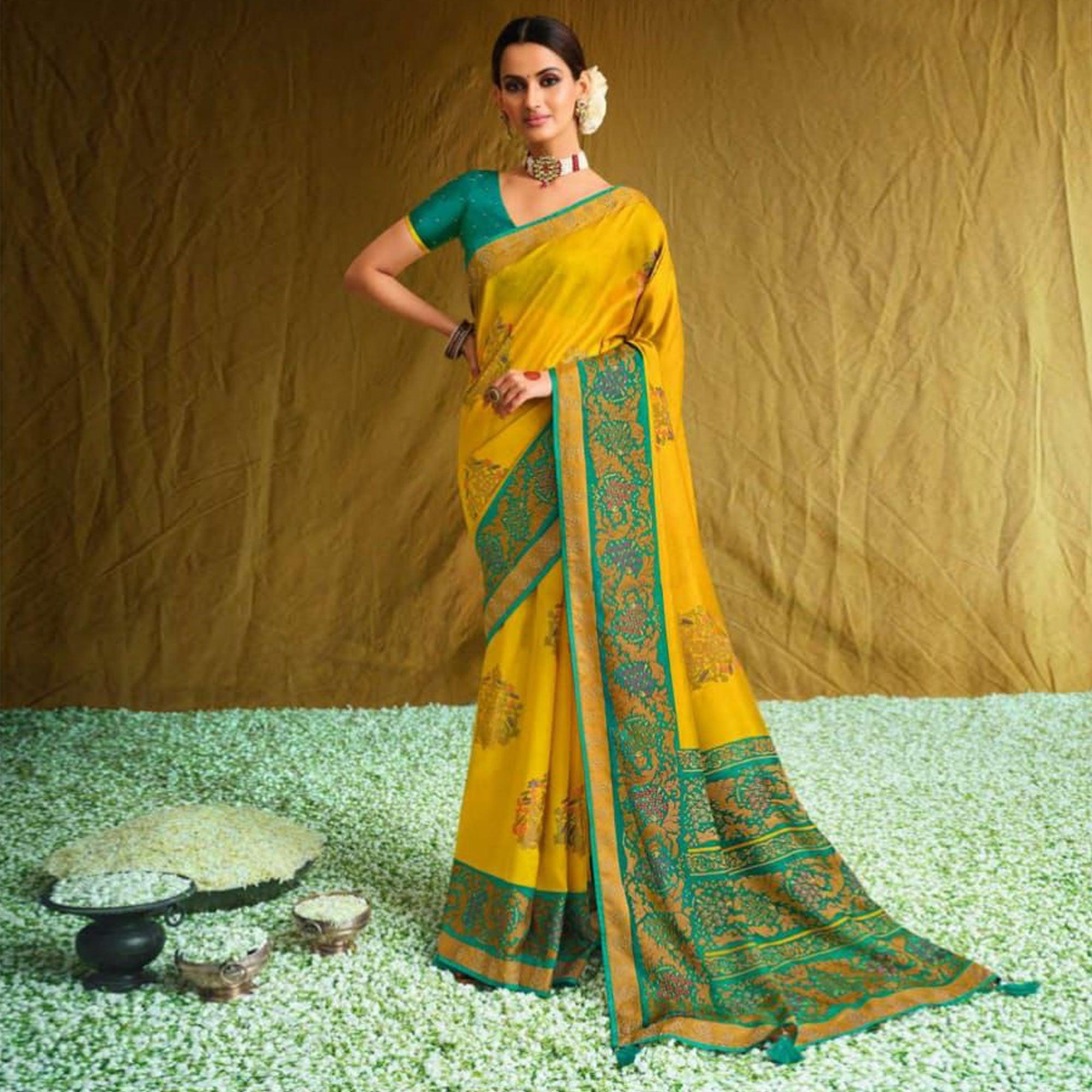 Yellow Partywear Weaving Resham Work Brasso Saree