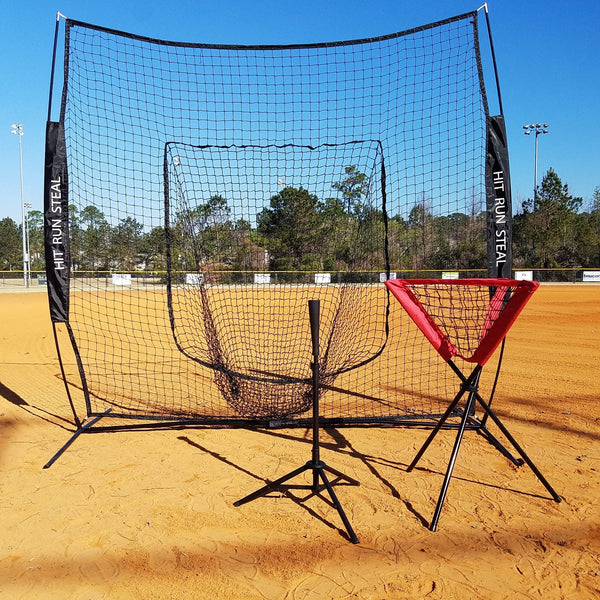Baseball Softball Large Mouth Hitting Net + Tee + Ball Caddy – Hit Run Steal