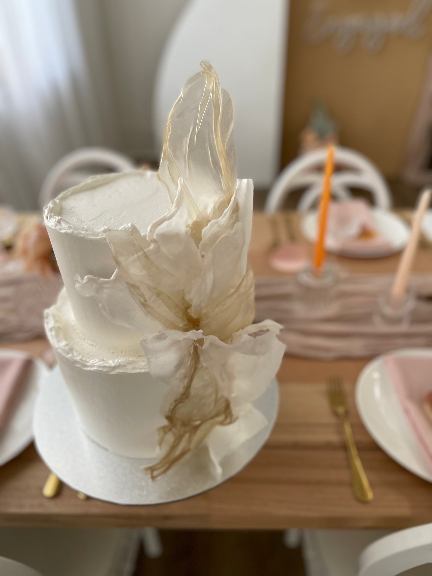 2 Tier Ivory Buttercream Cake with Rice & Wafer Paper Sails