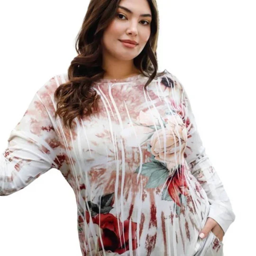 Blumin Apparel Ivory Floral Tie-Dye Long Sleeve Top & Sweatpants Set 3X NWOT
