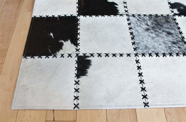 Madisons Black And White Cow Spot Square Pattern Patchwork Cowhide Rug