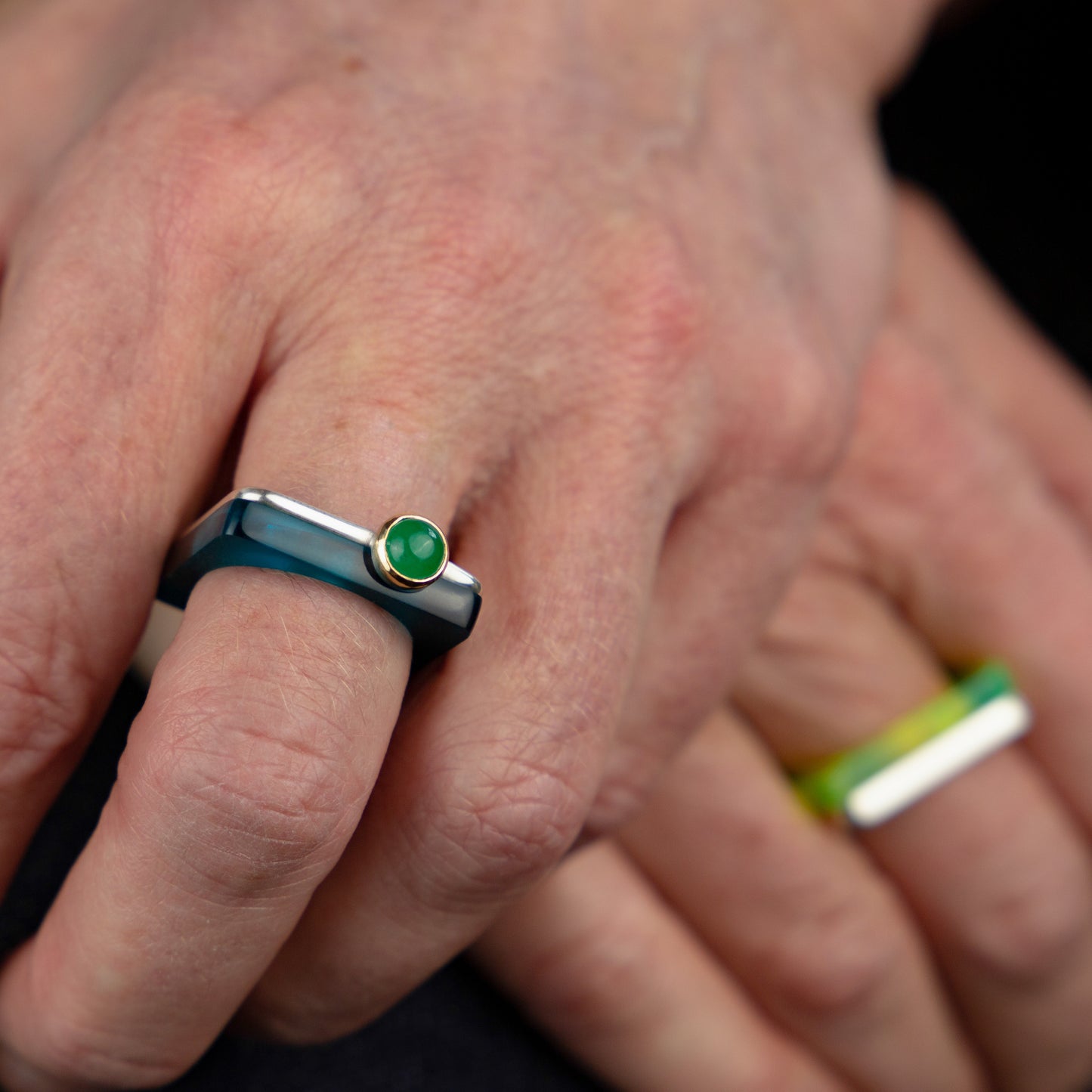 Square ring in azure perspex stacked with silver ring with emerald www.barbararspence.co.uk