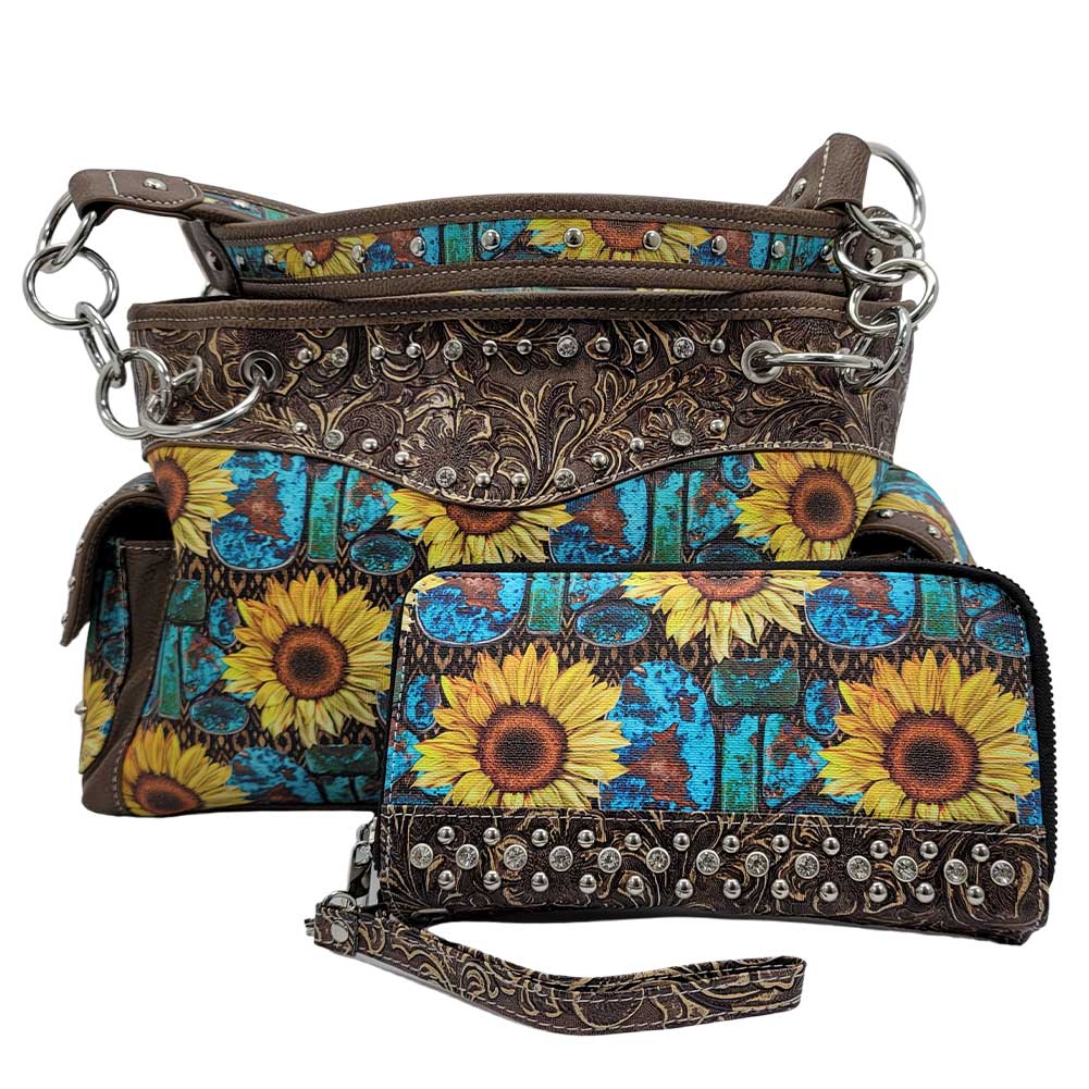 Western Style Camouflage Purse Concho Buckle Tooled Floral Country Studs  Crossbody Women Handbag Shoulder Bag Wallet Set