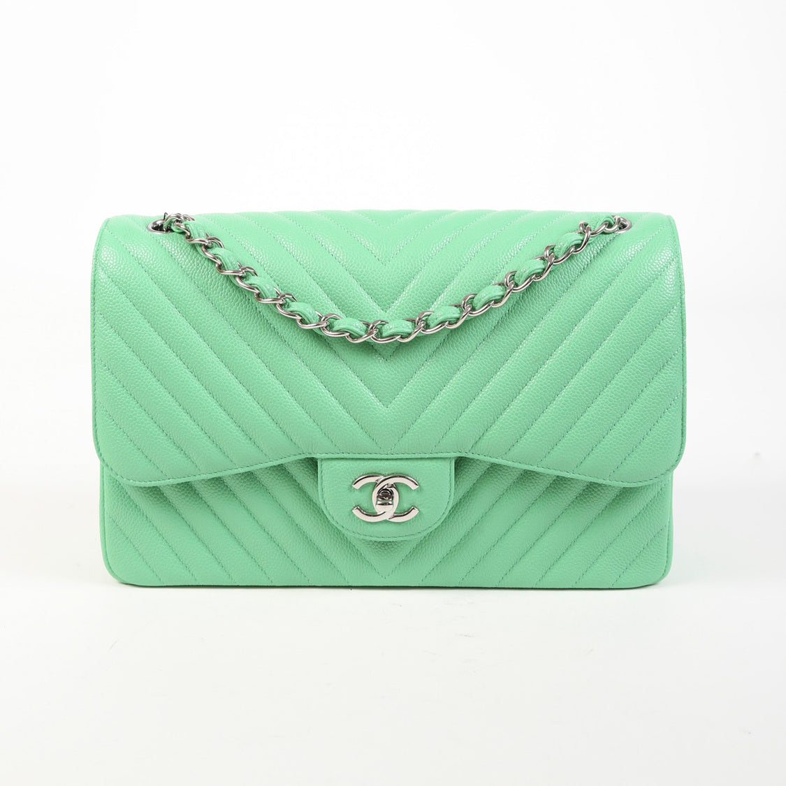 Chanel Jumbo Chevron Flap Green Caviar Leather CC Shoulder Bag – Luxury Garage Sale